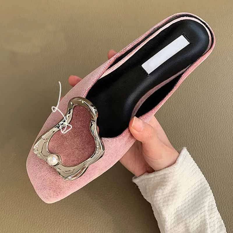 pink velvet Роскошные бархатные Тапочки женские с квадратным носком серебряный металлический декор туфли на плоской подошве женская модная повседневная обувь - Цвет: pink velvet