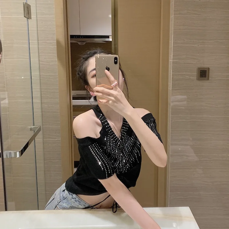 New Slim Fit Diamonds V-Neck Short Sleeve Fashion T-Shirt Womens Summer Sexy Open Shoulder Black Crop Tops Remeras Mujer | Женская