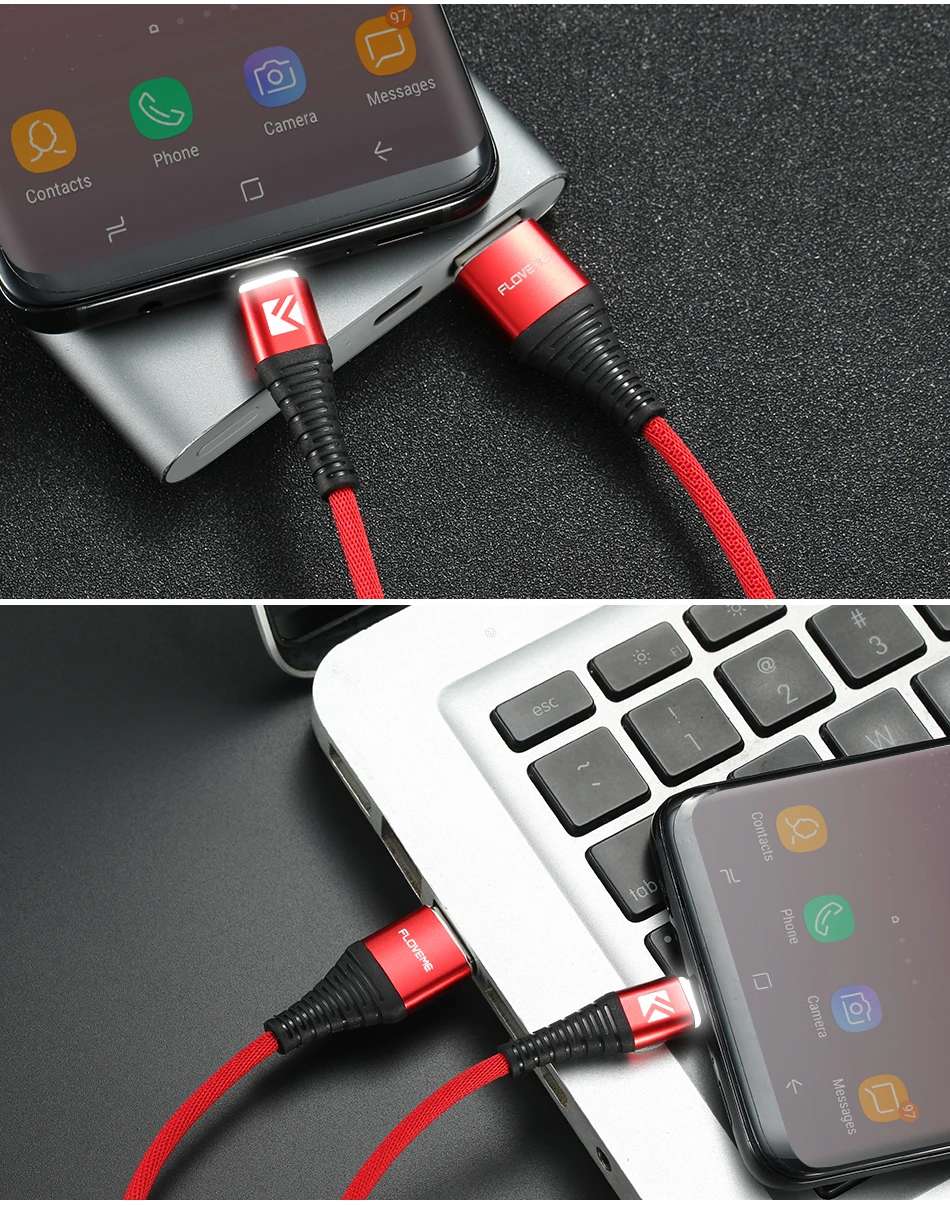 FLOVEME usb type-C кабель для samsung Galaxy S10 S9 S8 Plus светодиодный USB C зарядное устройство кабель передачи данных для быстрой зарядки для Xiaomi Redmi Note 7