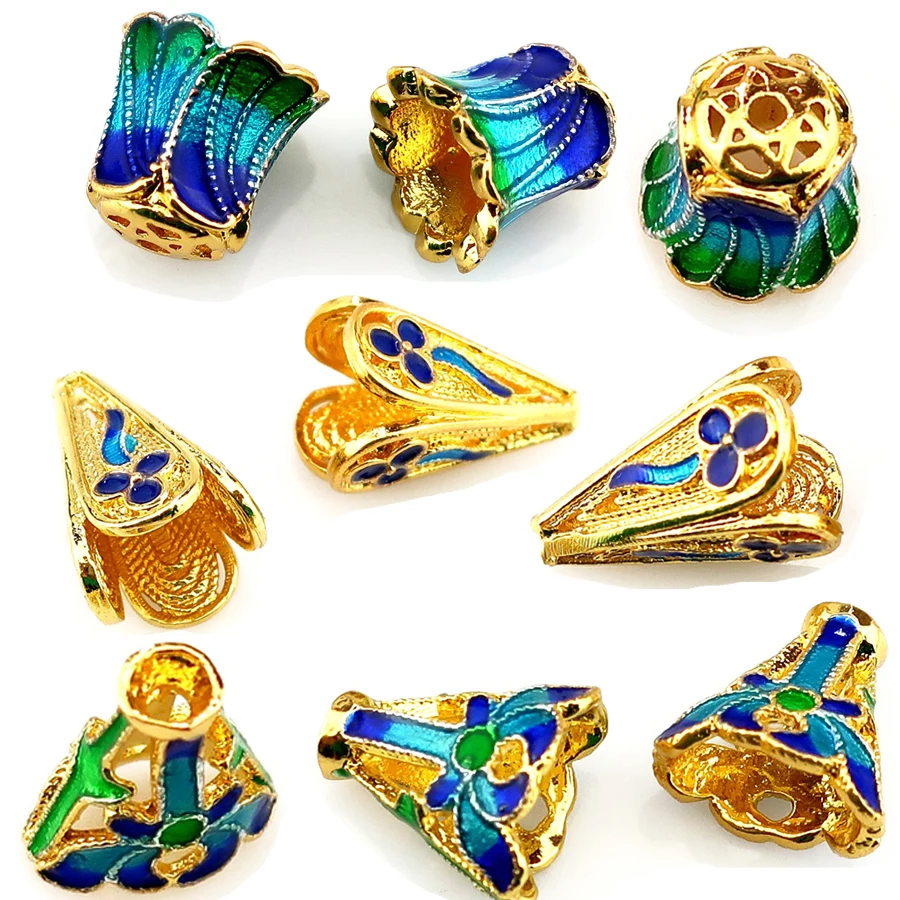 12X Copper Colors Enamel Cloisonne Lotus Flower Spacer Beads Cap Tassel End Beads Accessories for Women DIY Jewelry Making