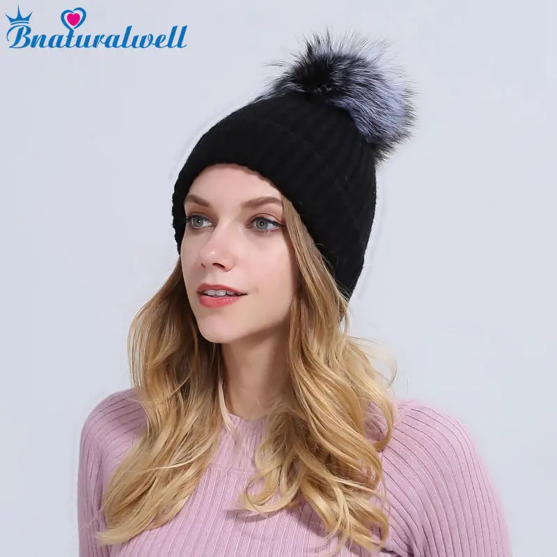

Beanie Bnaturalwell, шапка с натуральным серым лисьим мехом для девочек, вязаная крючком зимняя шапка с лисьими помпонами, женская шапка с меховым по...