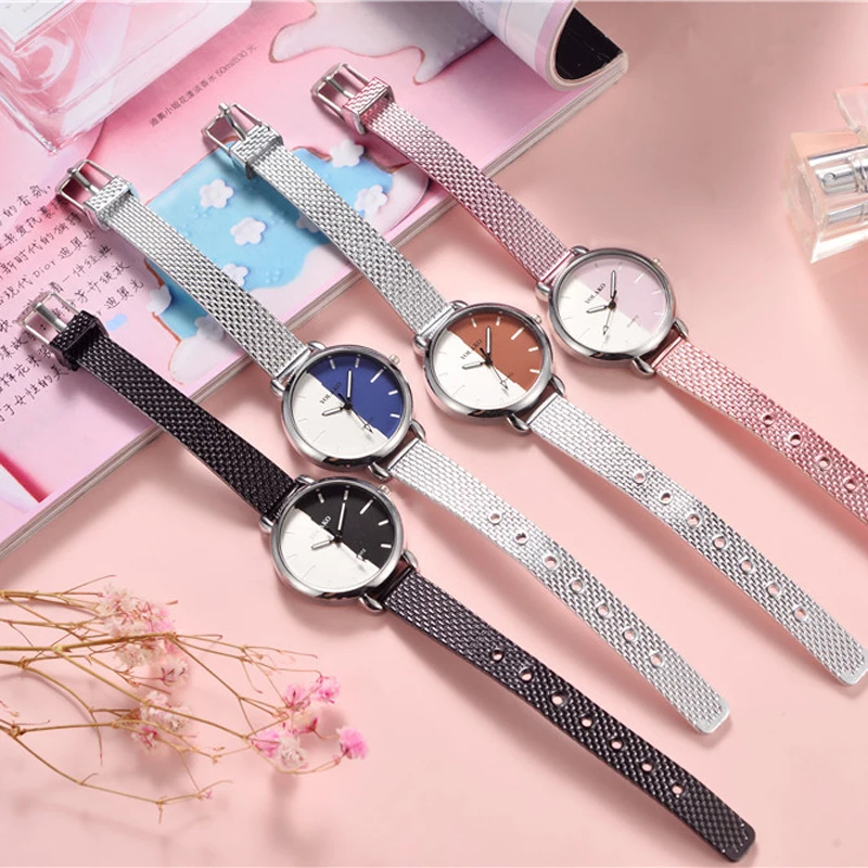

Half Women Watch Color Pattern belt Mesh Strap Ladies Quartz Ultra-thin Casual Female Wristwatch Clock Gift Relogio Feminino