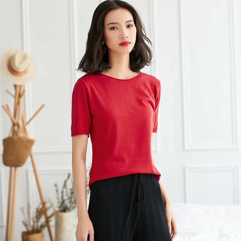 2019 новые летние женские модные свитер с короткими рукавами рубашка круглым