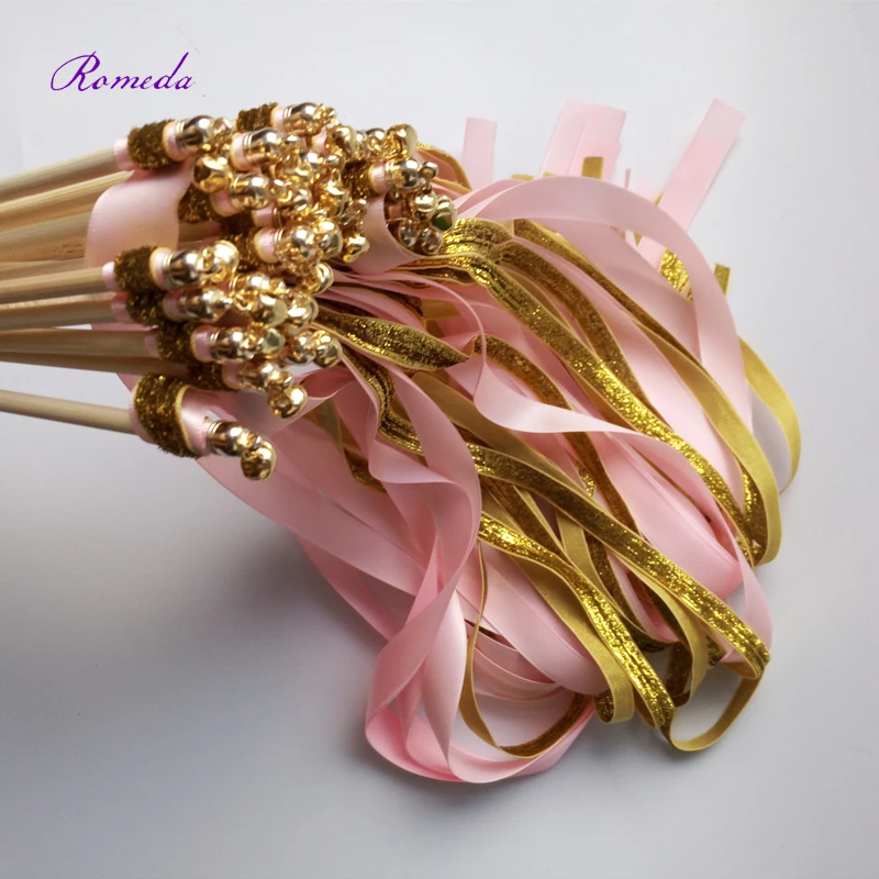 Hot Selling 50Pieces/Lot gold glitter + pink stain ribbon wands wedding stick confetti for party decoration | Дом и сад