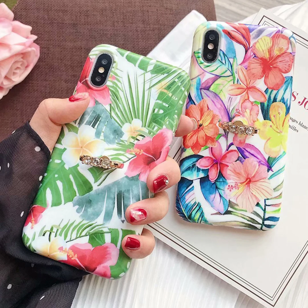 Luxury Finger Ring Holder Floral Phone Case For iPhone X XR XS Max Silicone Soft Shell 8 7 6 6S Plus Cover |