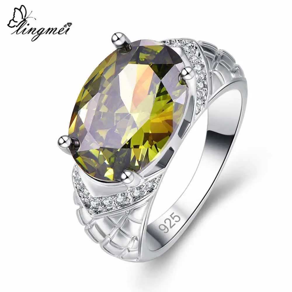 Olive Green Lingmei оригинальные ослепительные женские ювелирные изделия овальный вырез желтый и оливковый зеленый Цирконий Серебряное кольцо Размер 6 7 8 9 женские ювелирные изделия - Цвет основного камня: Olive Green