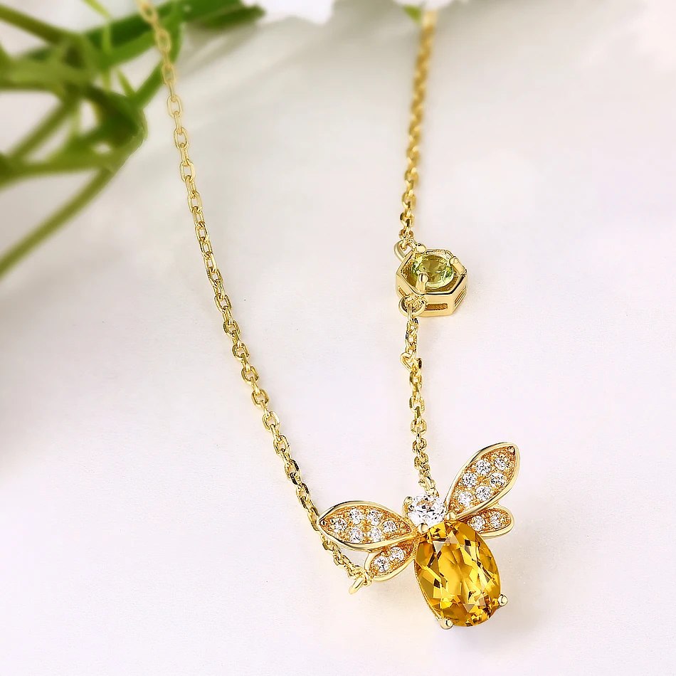 ALLNOEL Bee 5x7mm 1ct Natural Citrine 925 Sterling Silver Jewelry 14K Yellow Gold Plated Chain Pendant Necklace S925 Gift