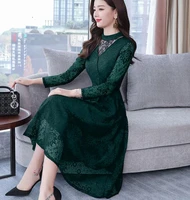 high quality 2019 hot sale new arrival elegant stand collar flower hollow out long sleeve woman lace long dress