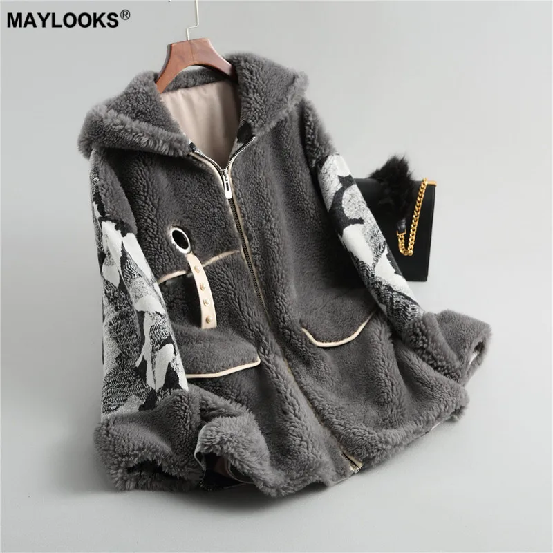 MAYLOOKS 2018 новый стиль овечья шерсть Коровья пальто женская шапка короткое меховое