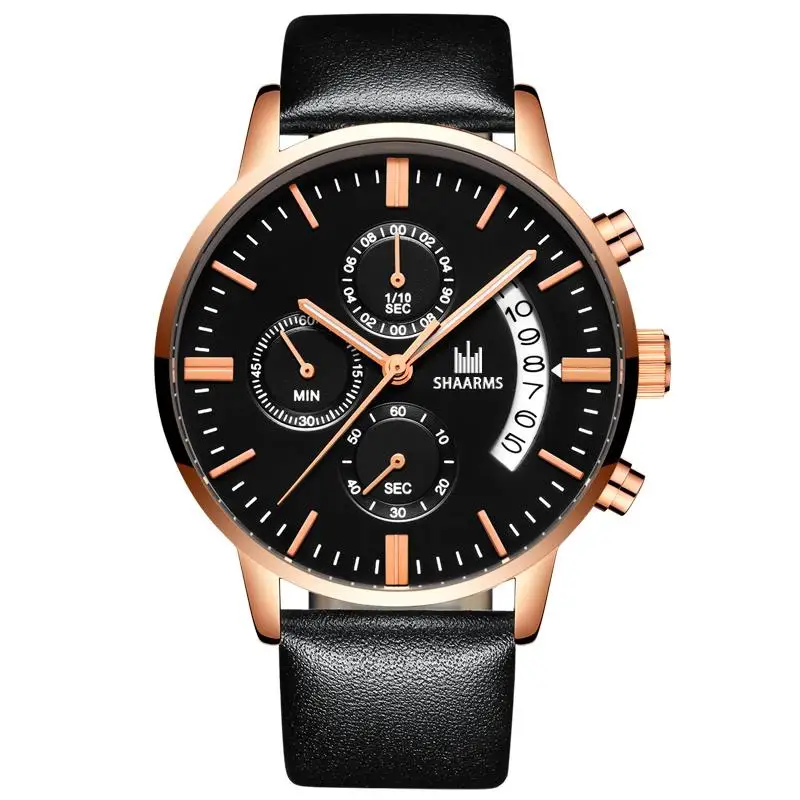 SHAARMS 2020 Military Sport Men Watch PU Leather Band Quartz Wristwatch Male Date Watches Black Clock Relogio Masculino | Наручные часы