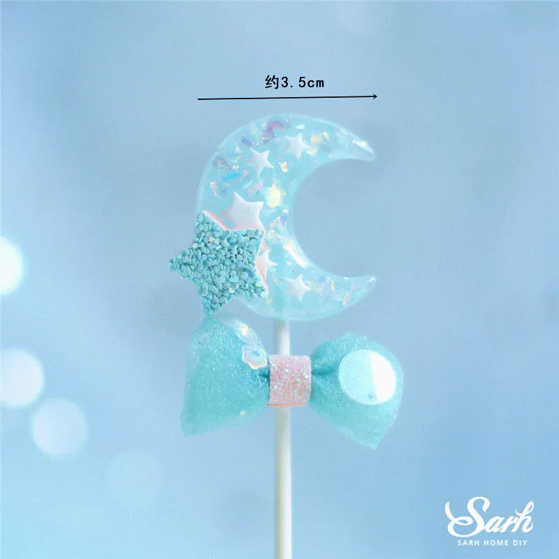 2pc blue moon stars Ins розовый медведь на Луне звезда кролик украшения счастливые топперы для торта на день рождения для детей Детские вечерние принадлежности для выпечки свадьбы милые подарки - Цвет: 2pc blue moon stars