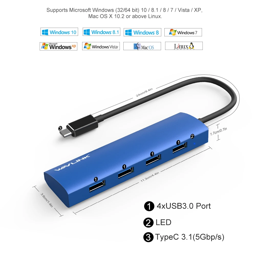 Хаб Wavlink USB 3 1 Type C 4 портовый хаб 0 адаптер для корпуса из алюминия Macbook устройств