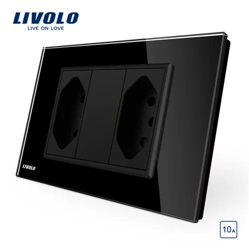 Black Livolo бразильский/Итальянский стандарт 2 банды 3 штифта 10А гнездо, стеклянная панель без вилки, C9C2CBR1-11/12 - Тип: Black