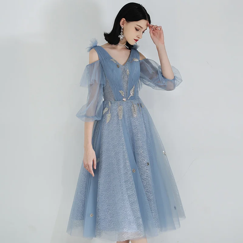 SSYFashion, новое серое синее коктейльное платье, 3/4 рукав, v-образный вырез, аппликация, вечерние, вечерние платья, платье для особых случаев, Vestido De Noche