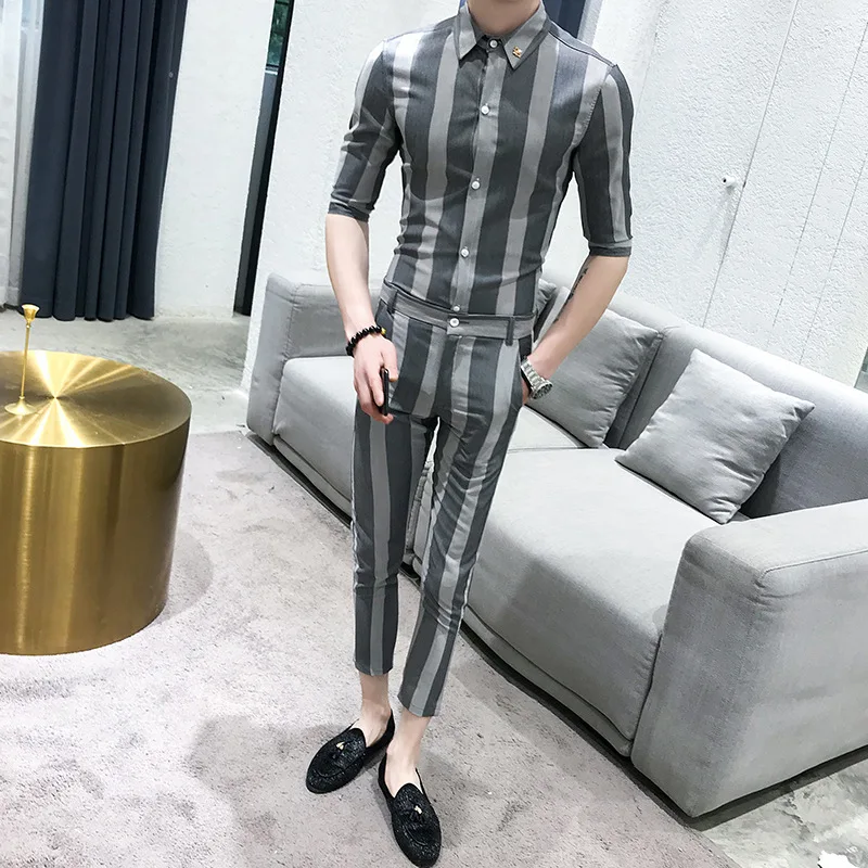 light gray Мужской летний костюм в серую полоску, мужские дизайнерские костюмы, приталенный костюм-смокинг, мужской смокинг, мужской смокинг, Uomo Trajes De - Цвет: light gray