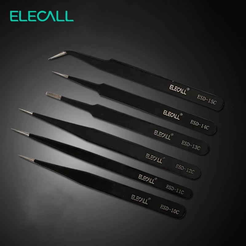ELECALL 6 шт. ESD антистатические пинцеты из нержавеющей стали набор ремонтных