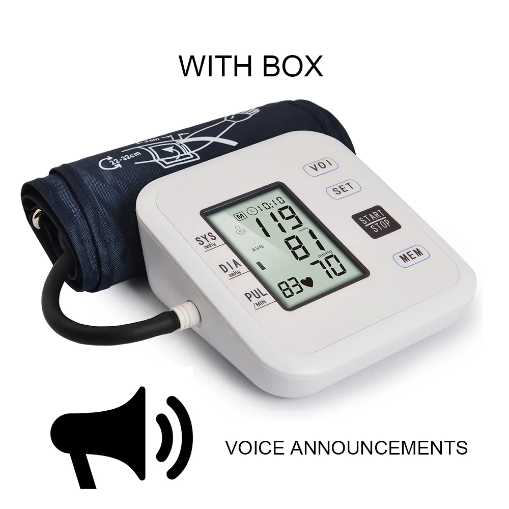 WITH VOICE WITH BOX Цифровое тонометр для измерения давления медицинское оборудование тонометр автоматический манометр верхний рычаг монитор кровяного давления домашний прибор для измерения артериального апарат для давления - Цвет: WITH VOICE WITH BOX
