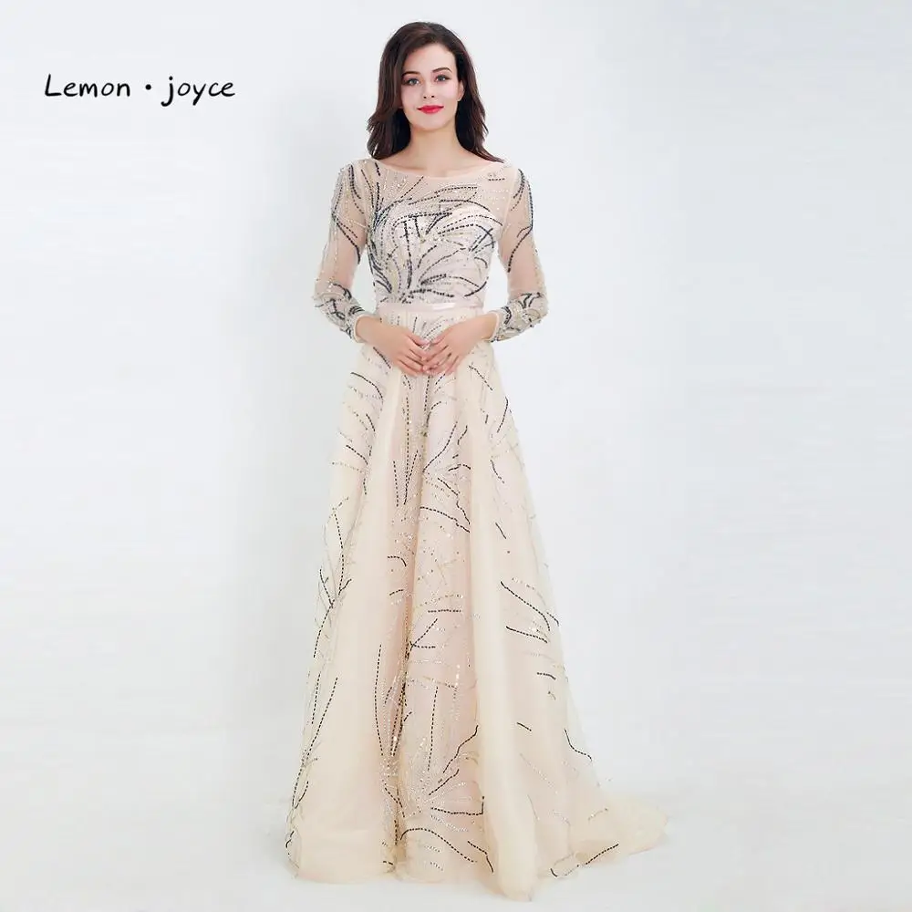 Lemon joyce Formal Evening Dresses with Long Sleeves O-neck Illusion A-Line Prom Dress Party Gowns Plus Size - Цвет: Шампанское