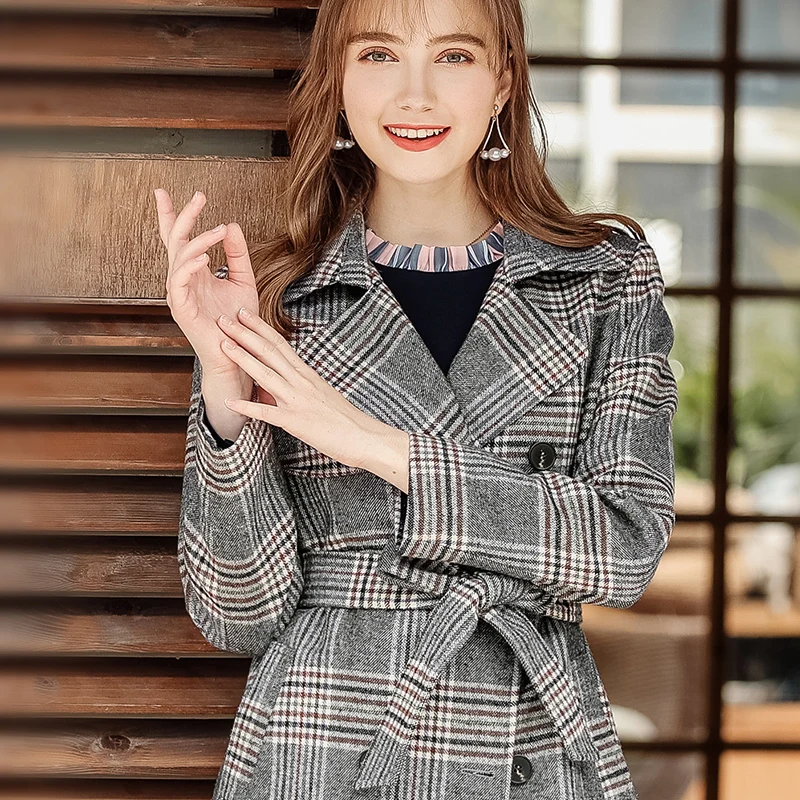 2018 осень и зима новый бутик Женская двубортная клетчатая куртка с лацканами