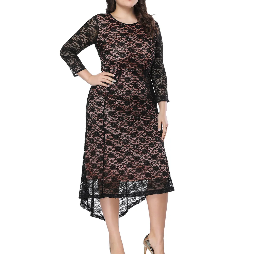 Women Black Plus Size Summer Lace Dress 2019 Elegant Hollow Out Big Formal Sexy Midi Large Party Dresses Vestido |