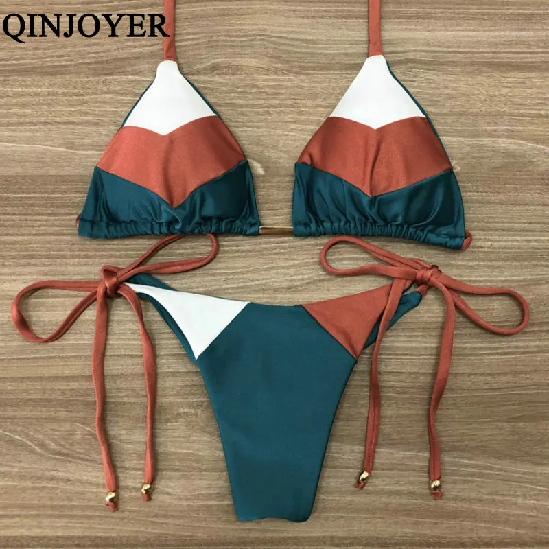 K04 QINJOYER, лоскутный купальник с лямкой через шею, мягкий, для женщин, стринги, микро бикини,, сексуальные стринги, бикини, купальник, бразильский купальник, бикини - Цвет: K04
