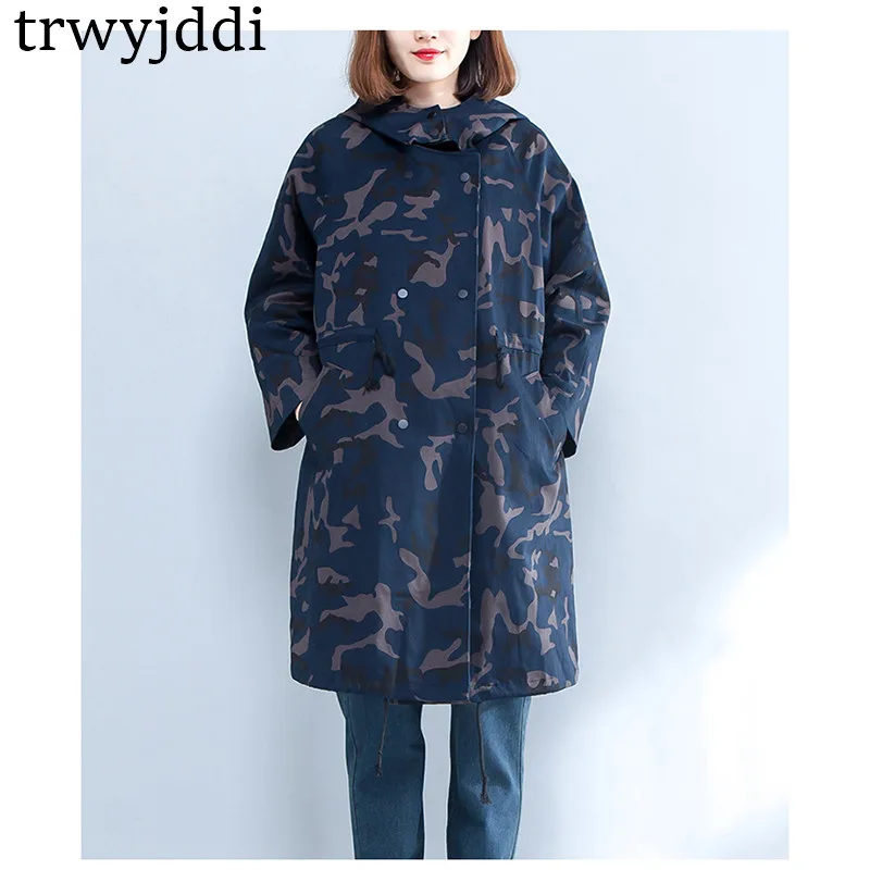 Для женщин на весну и зиму Oversize пальто корейский кардиган с капюшоном Для женщин двубортный модная камуфляжная ветровка hl137