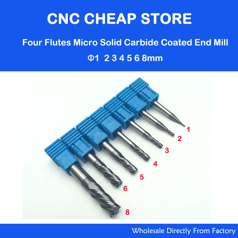 

7pcs 4F Four Flute HRC55 Tungsten solid carbide NANO Coated CNC Router aluminum Steel End Mill milling cutter 1,2,3,4,5,6,8mm