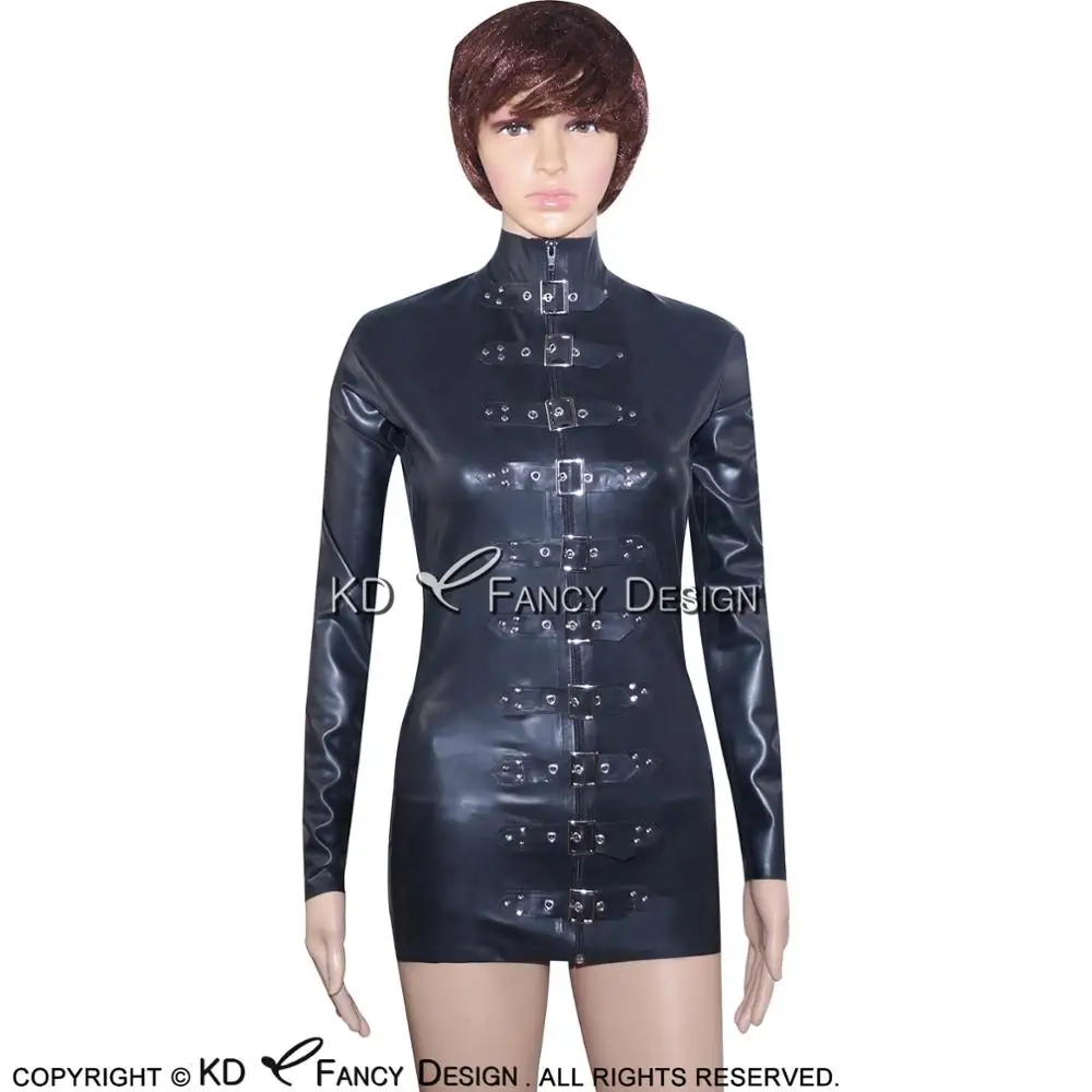 

Black Sexy Latex Jacket With Buckles Zipper At Front High Collar Rubber Coat YF-0024