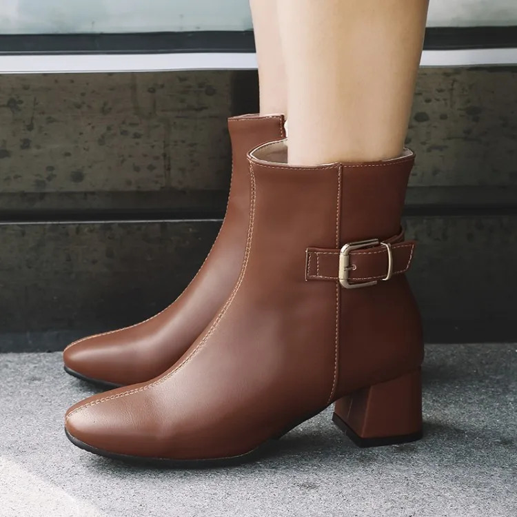 Большой Размеры мадам грубый каблук полусапожки Чистый цвет с металлическими