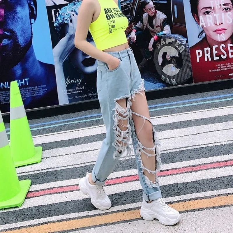 Harajuku женские высокие уличные рваные Дырчатые джинсы летние новые с высокой талией мешковатые хип-хоп женские джинсовые брюки повседневные брюки