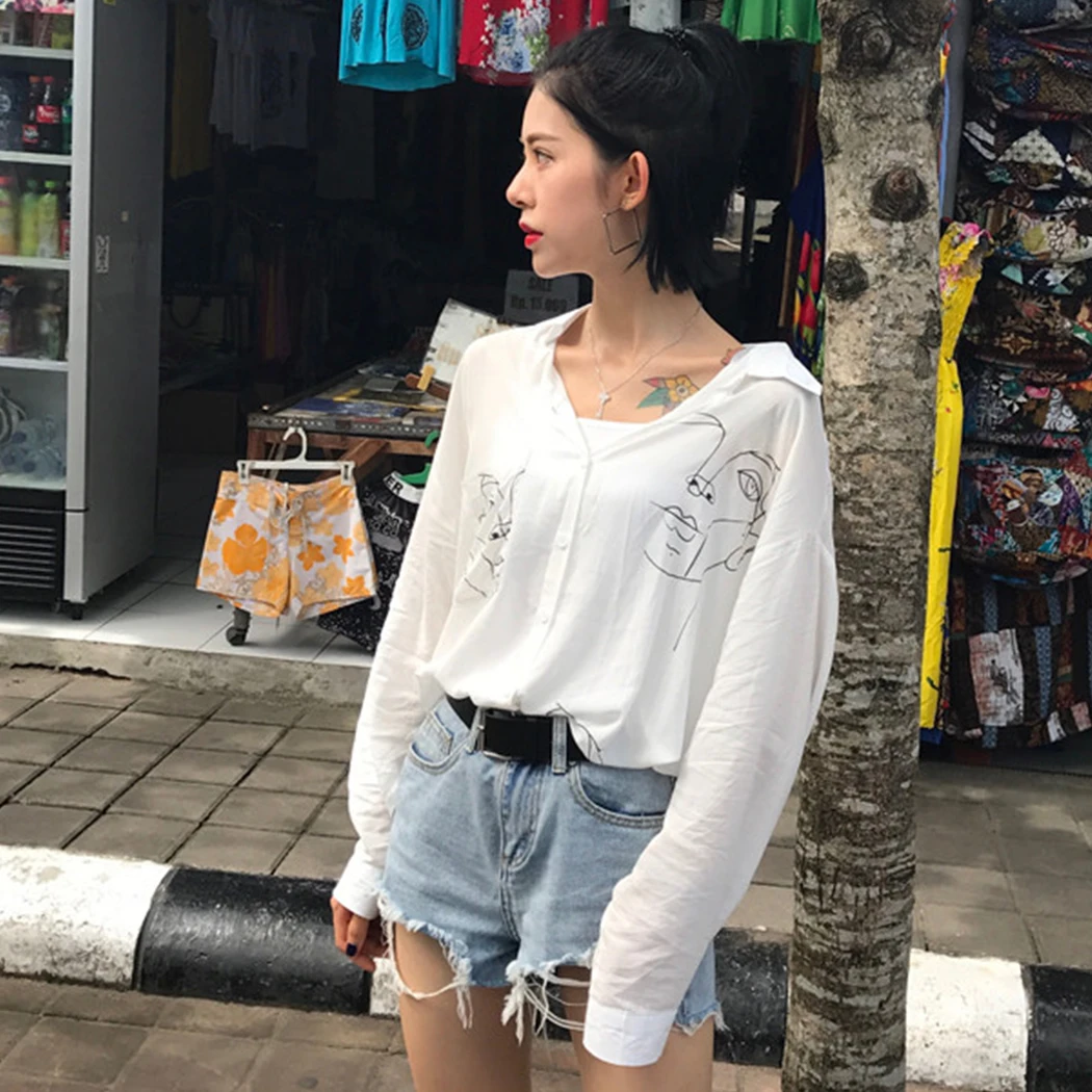 Летние женские блузки Harajuku рубашки с забавным принтом лица длинным рукавом