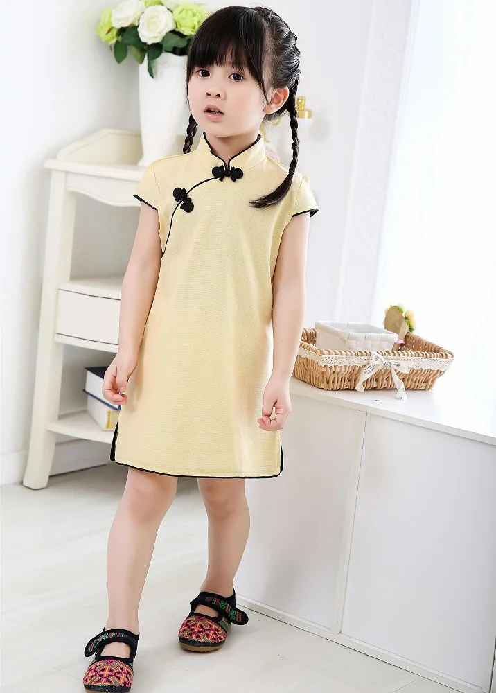 

Solid Baby Girls Dress Chinese New Year Traditional Qipao Children Chi-pao Kids Cheongsam Linen Girl's Clothes Summer Tops