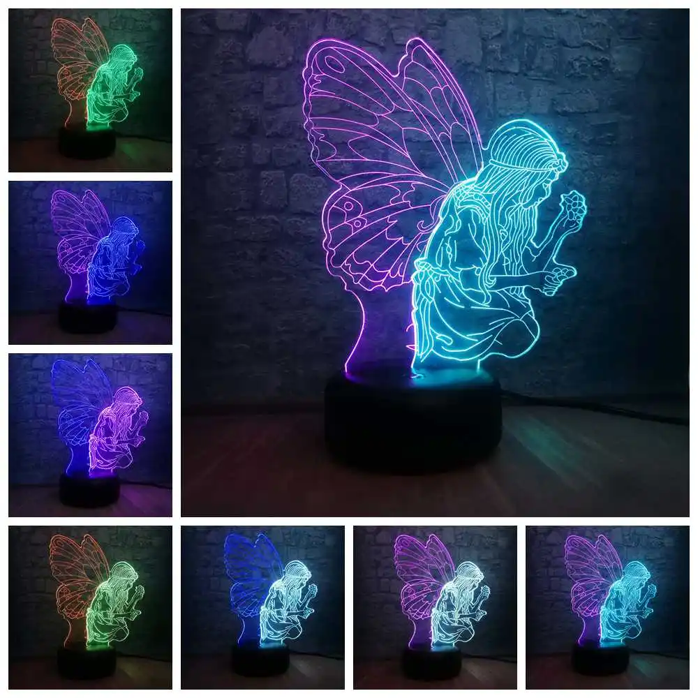 Mixed color Смешанный Цвет Бабочка фея девушка крыло ночной Светильник 3D версия лампы ребенка Спящая Настольная лампа Декор на день рождения детей Подарки - Испускаемый цвет: Mixed color