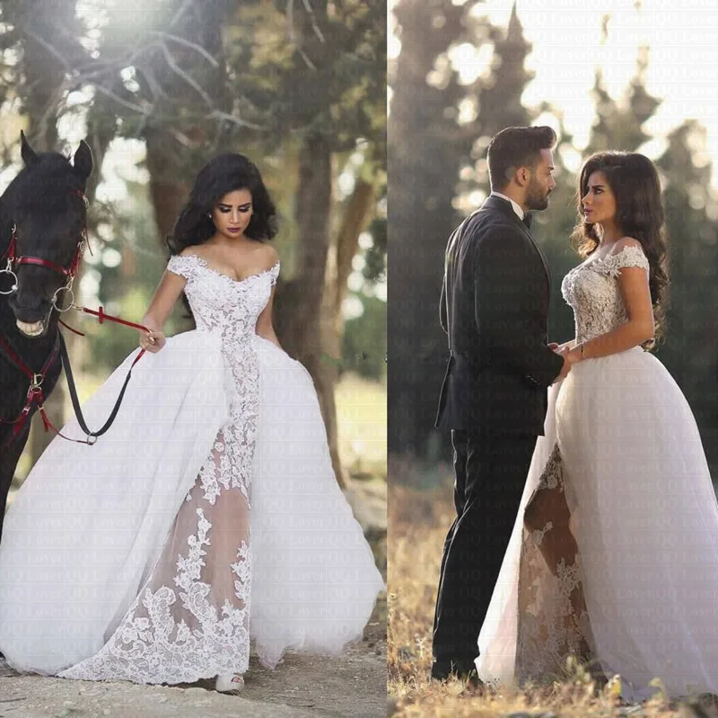 2019 New Arabic Romantic Off Shoulder Wedding Dress With Detachable Train Sheer Applique Vestido De Noiva Bridal Gowns | Свадьбы и