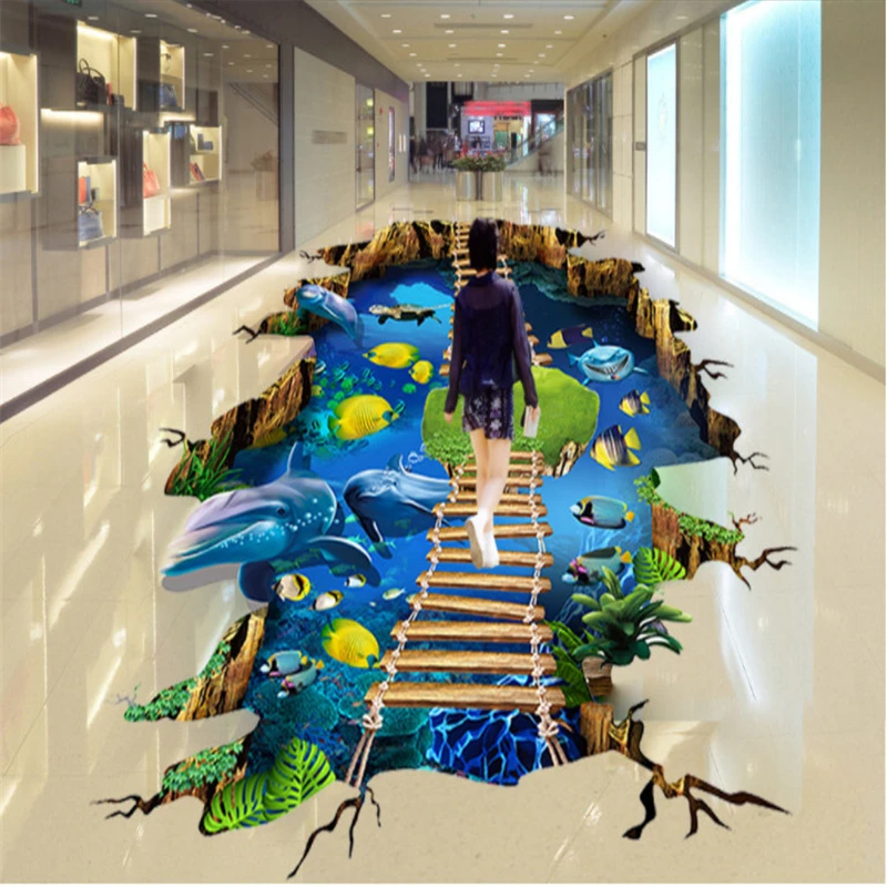 

beibehang Large Custom Wallpaper Mural Mall 3D Stereo Ocean World Dolphin Ladder Floor Painting 3d wallpapers