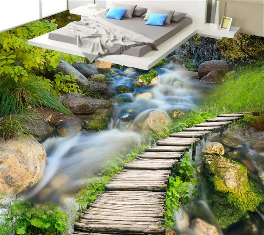 

Custom mural Wooden bridge waterfall 3d flooring wallpaper living room PVC waterproof self-adhesive 3d flooring Beibehang