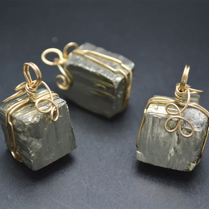 Натуральный пирит обернутый проволокой грубый камень Квадратный Кулон модное