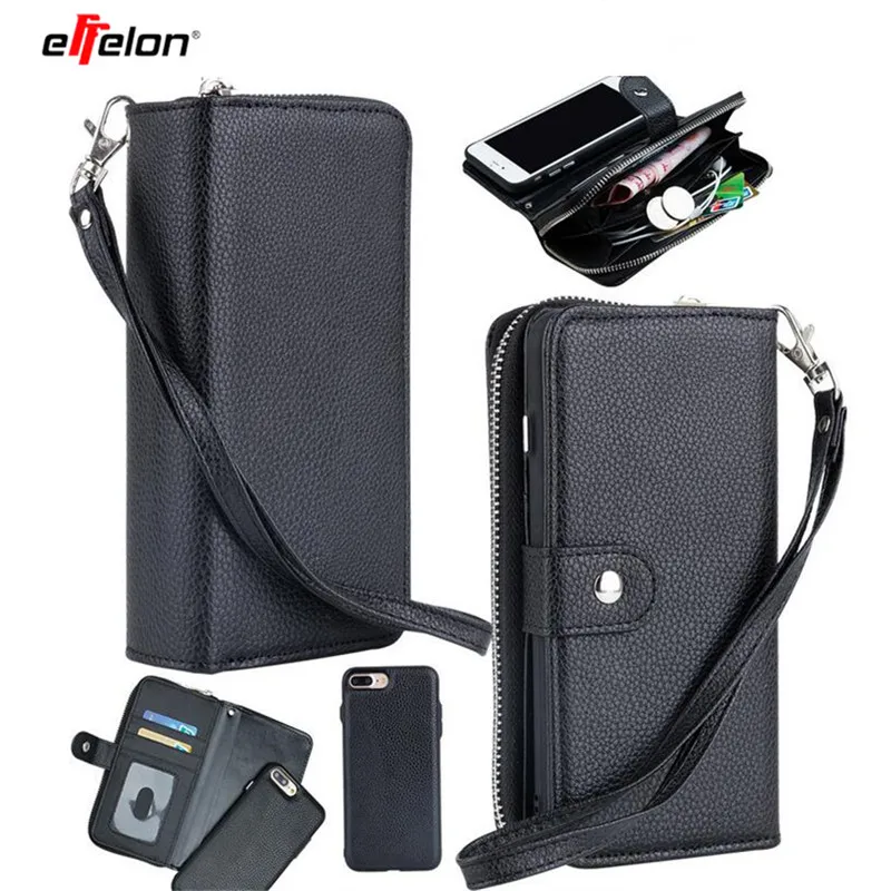 Многофункциональный кожаный бумажник на молнии с магнитной съемной задней чехол