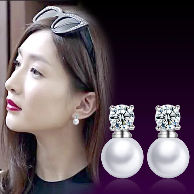 

100% 925 sterling silver hot sell pearl shiny crystal ladies`stud earrings jewelry women female drop shipping gift
