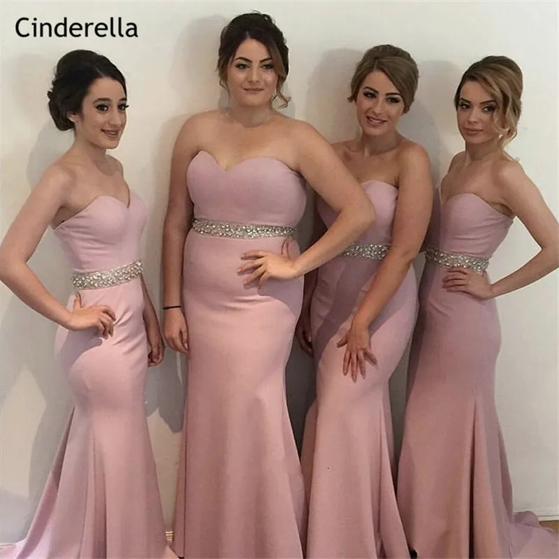 

Cinderella Pink Sweetheart Crystal Beaded Sash Mermaid Bridesmaid Dresses Zipper Back Trumpet Satin Fabric Bridesmaid Dresses