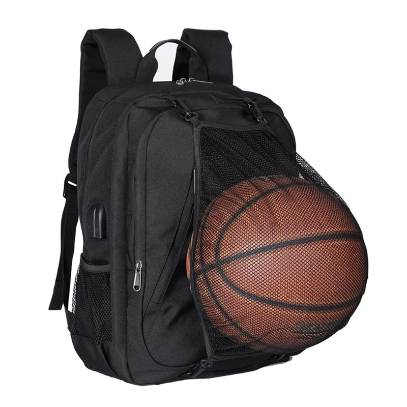 

Men's Laptop Backpack USB Charging Headphone Port Sports Basketball Net Bookbag