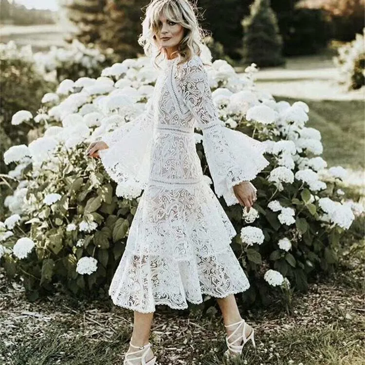 2018 летнее винтажное женское белое кружевное открытое платье с длинным