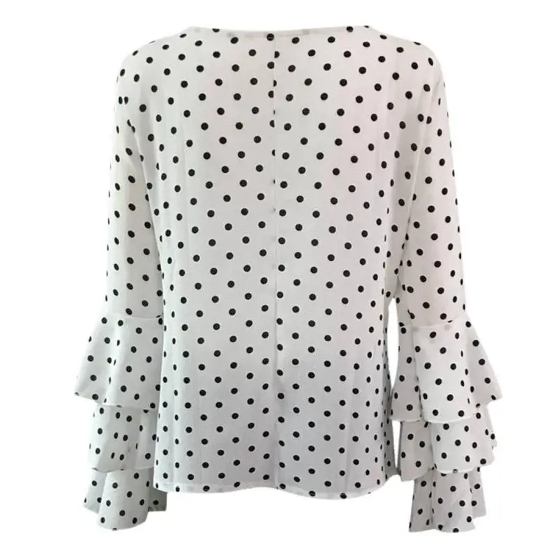 

Women Elegant Polka Dot Print Flare Sleeve Blusas O-neck Long Sleeve Chiffon Ladies Tops Shorts 3XL 4XL 5XL