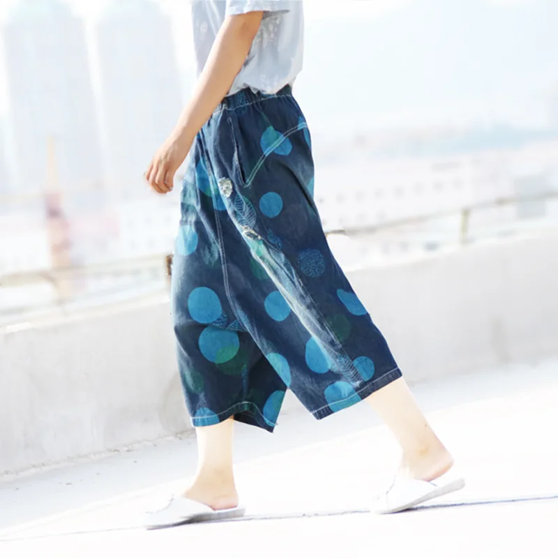 Винтажные богемные джинсовые брюки в горошек стиле Харадзюку хлопковые