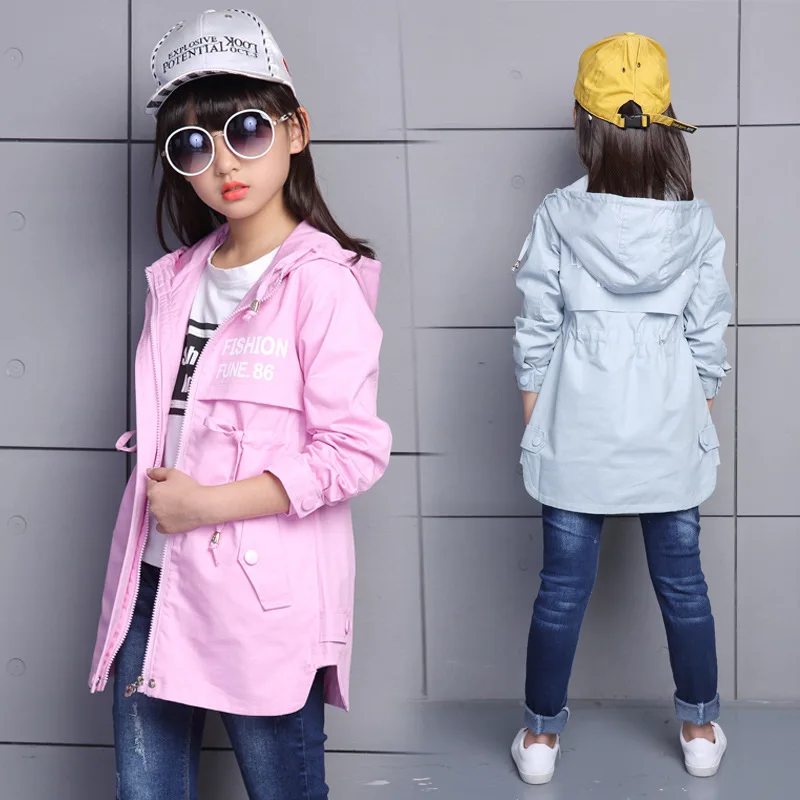Teenager Spring Autumn Girls Trench Coat Fashion Hooded Jacket Long Cardigan Kids School Clothing Casual Outwear 3-14 Age | Детская