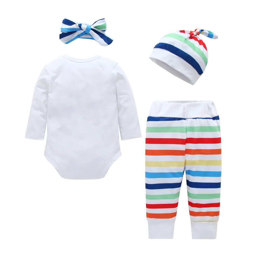 Autumn Winter Children Clothes Set Newborn Baby Girl Boy Long Sleeve Striped Tops+Pants Hat Headband 4pcs Outfit | Детская одежда и