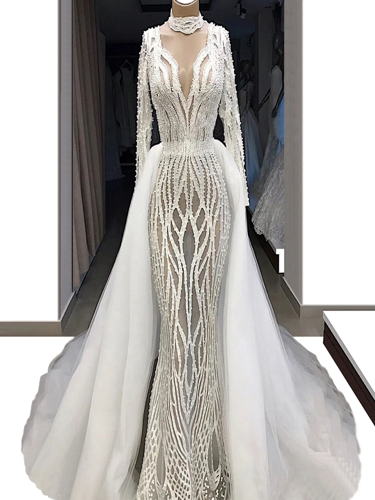 Новый специальный дизайн белые свадебные платья Русалка с длинными рукавами