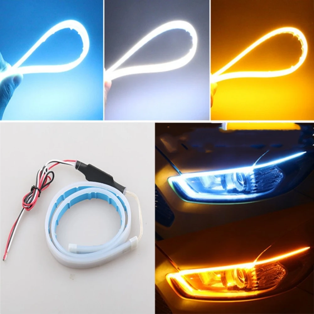 

1 Pair 60cm Flexible Car DRL Running Turn Signal White Amber/Red LED Flowing Bar Silicone Daytime Running Light Headlight Strip