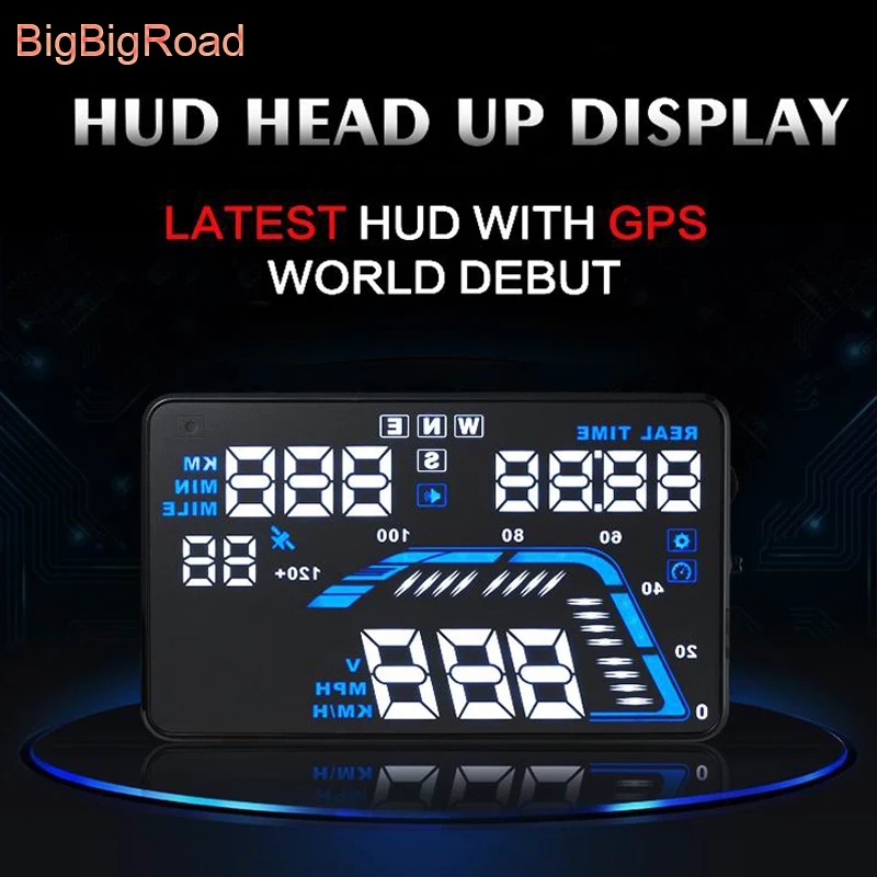BigBigRoad Car GPS HUD 5.5 inch Head Up Display Windscreen Projector Satellite Time Altitude Vehicle Speed Odometer and Warning