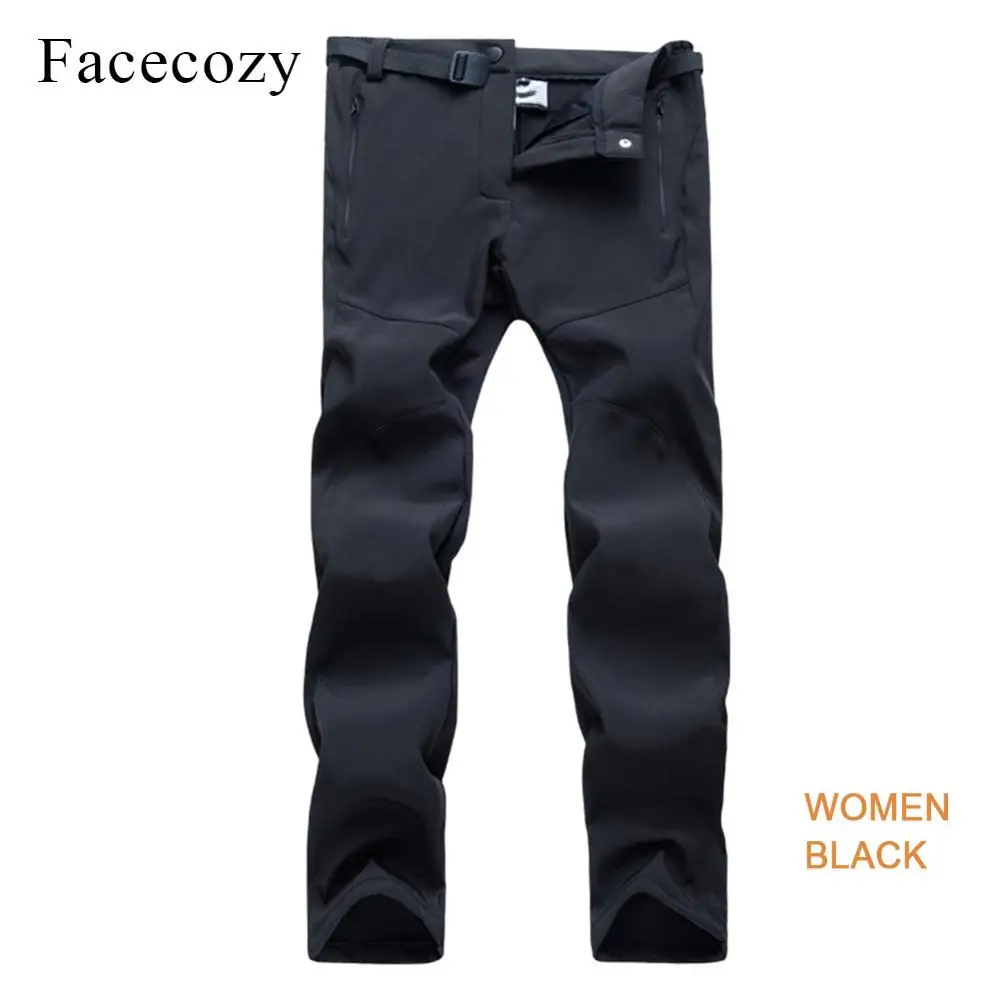 Facecozy, зимние мужские и женские флисовые походные брюки, внутренний флис, водонепроницаемые, плюс походные брюки, уличные ветрозащитные треккинговые брюки - Цвет: Women Black